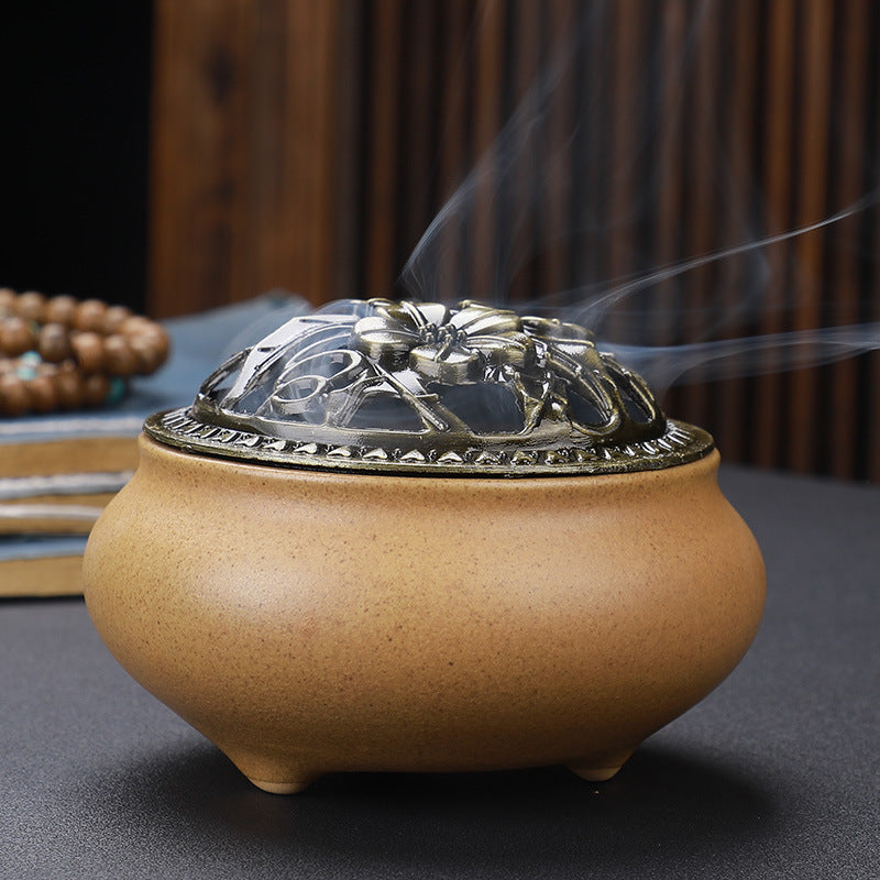 Copper Lid Ceramic Incense Burner Buddha with Antique Alloy Wire Incense Burner - LIT-TERAL