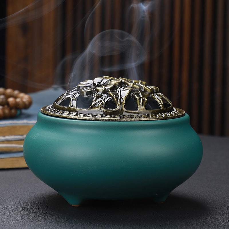 Copper Lid Ceramic Incense Burner Buddha with Antique Alloy Wire Incense Burner - LIT-TERAL