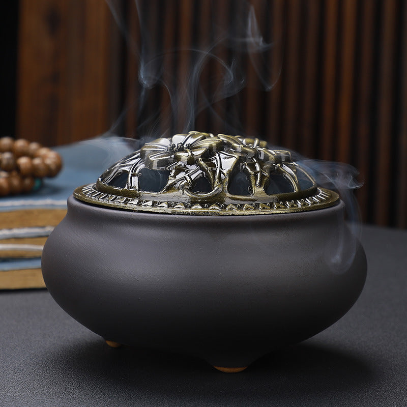 Copper Lid Ceramic Incense Burner Buddha with Antique Alloy Wire Incense Burner - LIT-TERAL