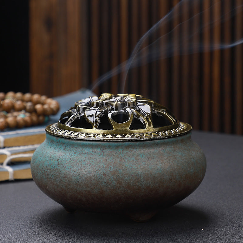 Copper Lid Ceramic Incense Burner Buddha with Antique Alloy Wire Incense Burner - LIT-TERAL