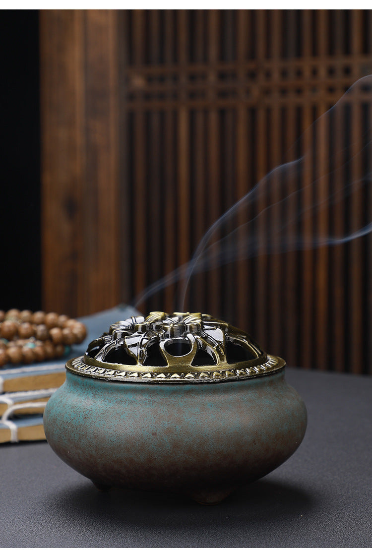 Copper Lid Ceramic Incense Burner Buddha with Antique Alloy Wire Incense Burner - LIT-TERAL