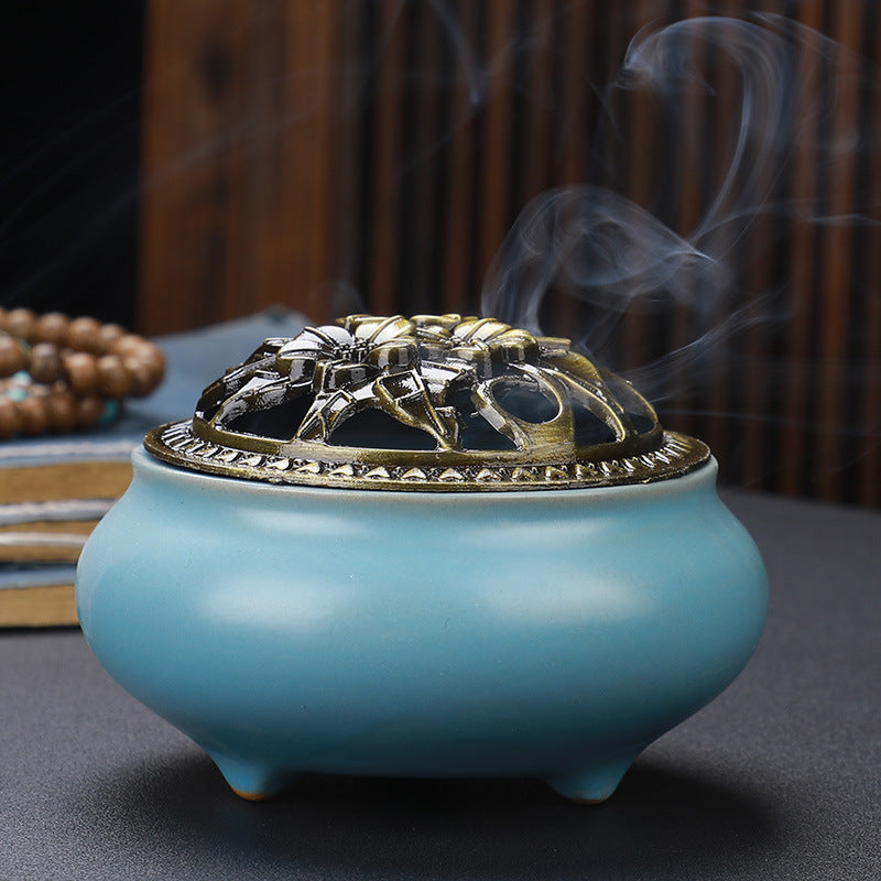 Copper Lid Ceramic Incense Burner Buddha with Antique Alloy Wire Incense Burner - LIT-TERAL