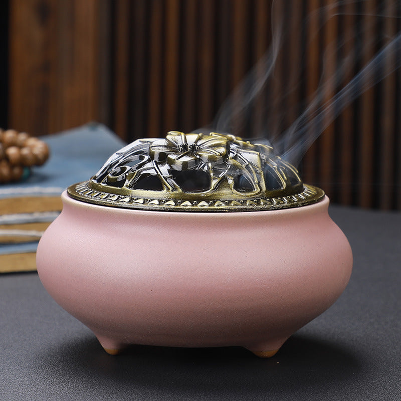 Copper Lid Ceramic Incense Burner Buddha with Antique Alloy Wire Incense Burner - LIT-TERAL