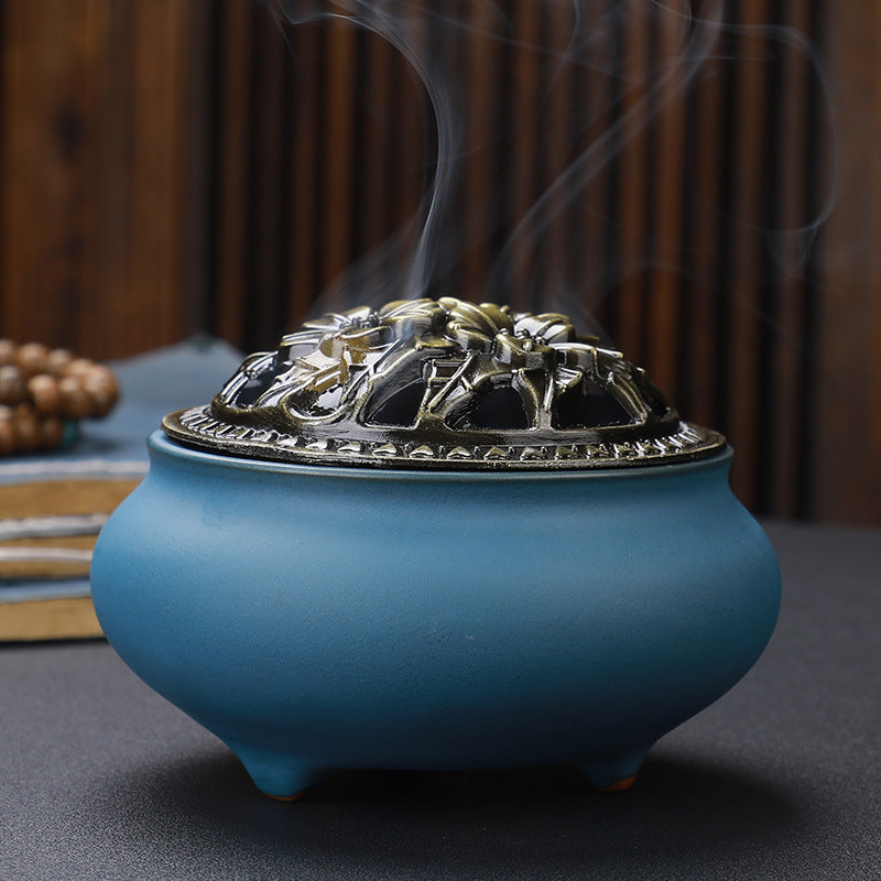 Copper Lid Ceramic Incense Burner Buddha with Antique Alloy Wire Incense Burner - LIT-TERAL