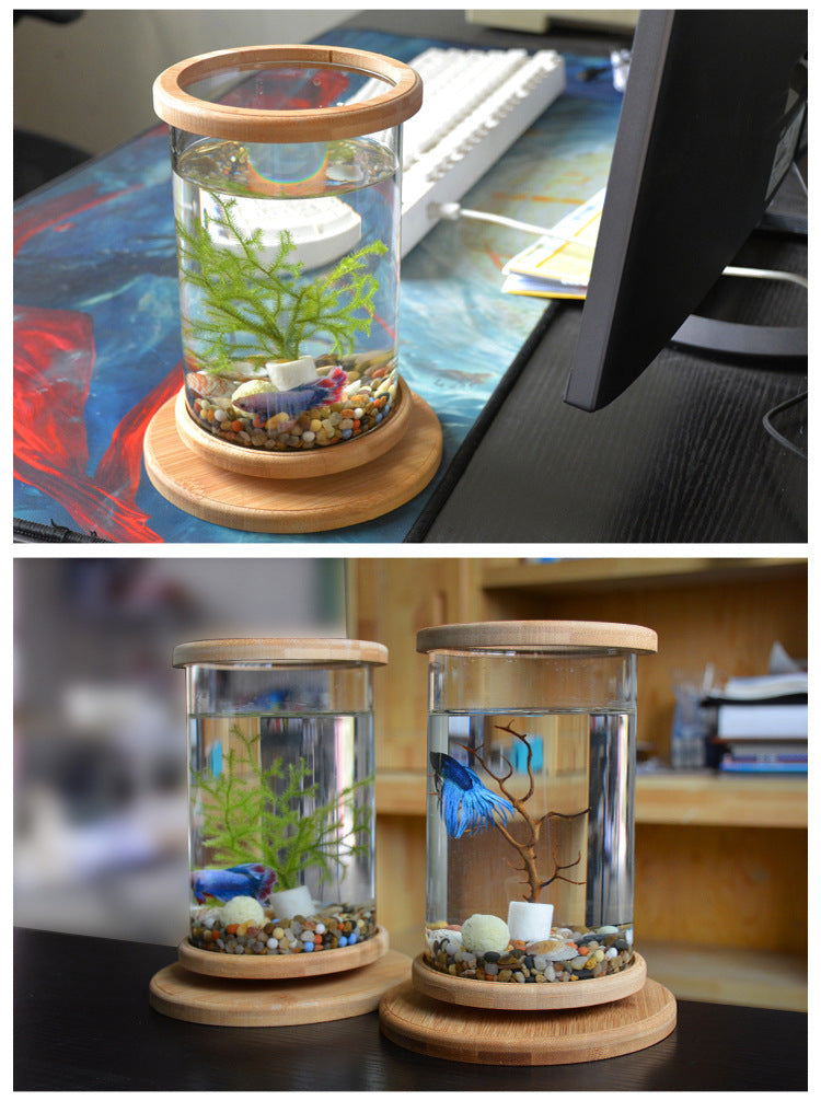 Small Office Glass Aquarium Bamboo Base Mini Fish Tank Decoration Fish Bowl - LIT-TERAL