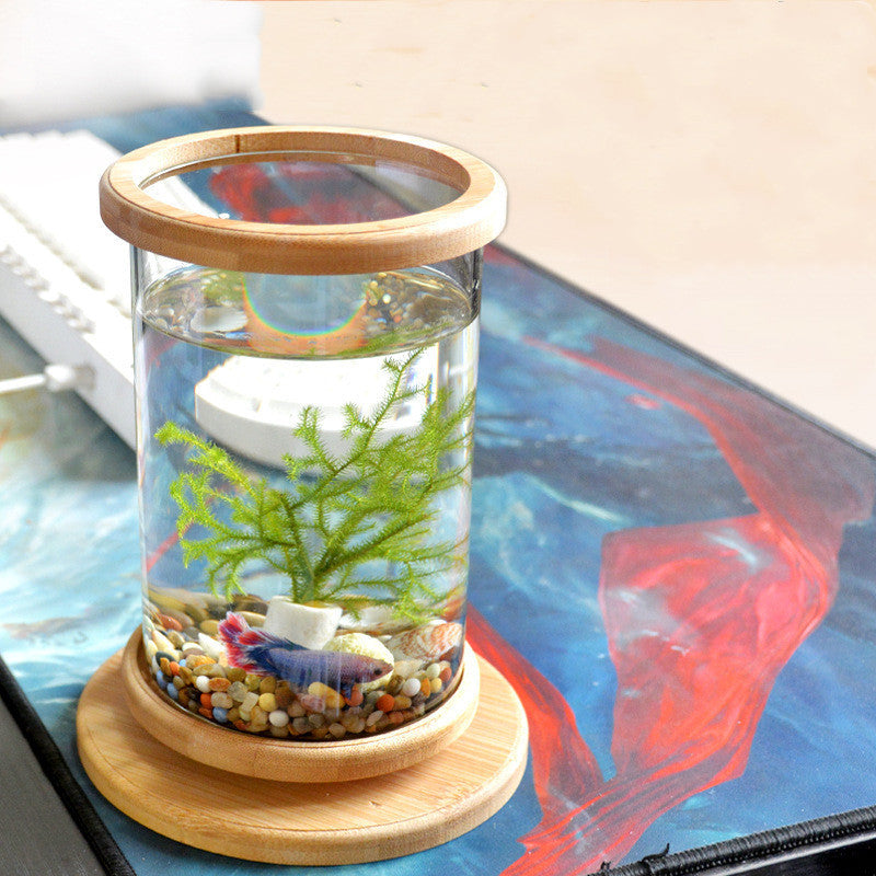 Small Office Glass Aquarium Bamboo Base Mini Fish Tank Decoration Fish Bowl - LIT-TERAL