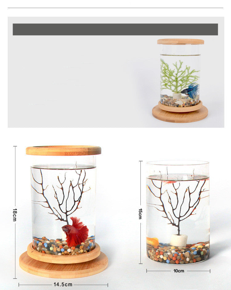 Small Office Glass Aquarium Bamboo Base Mini Fish Tank Decoration Fish Bowl - LIT-TERAL