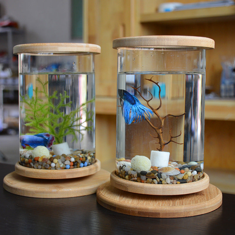 Small Office Glass Aquarium Bamboo Base Mini Fish Tank Decoration Fish Bowl - LIT-TERAL