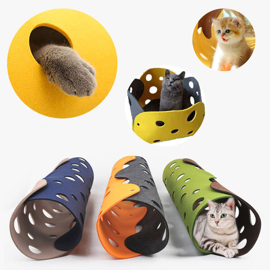 Cat Tunnel Cat Toy Felt Pom Splicing Deformable Kitten Nest Collapsible Tube House Tunnel Interactive Pet Toy Cat Accessories - LIT-TERAL